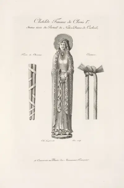 Clotilde, hustru till Klodvig I. Staty från portalen till Notre-Dame de Corbeil, förvarad i Musée des Monuments Français av Nicolas Xavier Willemin