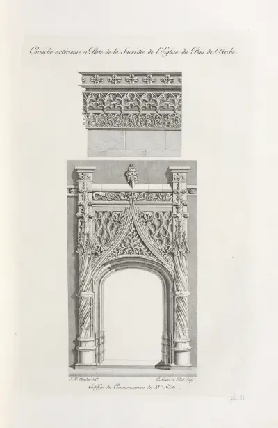 Corniche extérieure et porte de la sacristie de l’église du pont de l’arche; edifice du commencement du XVe siècle. av Nicolas Xavier Willemin