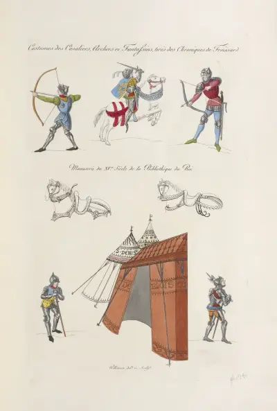 Dräkter för ryttare, bågskyttar och fotfolk, hämtade ur Froissards krönikor; 1400-talshandskrift från kungliga biblioteket av Nicolas Xavier Willemin