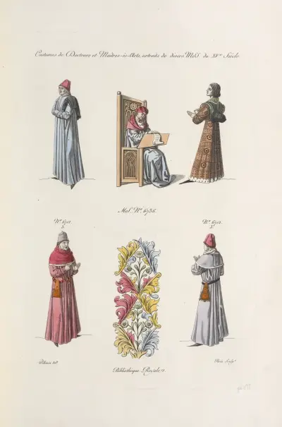 Costumes de docteurs et maîtres-es-arts, extraits de divers MSS. du XVe. siècle. MS. no. 6736. No. 6712.3. No. 6712.3 Bibliothèque royale. av Nicolas Xavier Willemin