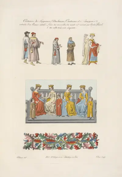Dräkter för herrar, hertiginnor, grevinnor och borgare ur en roman med titeln […] av Nicolas Xavier Willemin