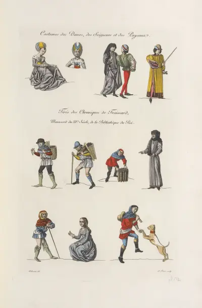 Costumes des dames, des seigneurs et des paysans. Tirés des chroniques de froissard, manuscrit du XVe. siècle, de la Bibliothèque du roi. av Nicolas Xavier Willemin