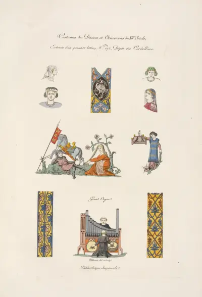 Costumes des dames et ornemens du XIVe. siècles, extraits d’un psautier latin, No. 175, dépôt des Cordelliers. av Nicolas Xavier Willemin