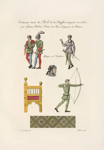 Dräkter från MS. de la chasse; komponerad 1380 av Gaston Phébus, greve av Foix, herre av Béarn. av Nicolas Xavier Willemin