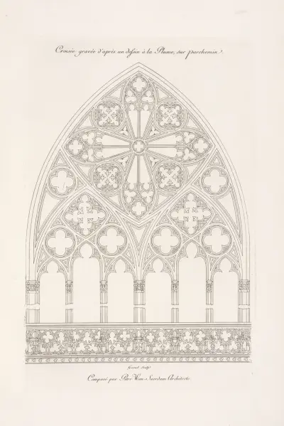 Croisée gravée d’après un dessin à la plume, sur parchemin. av Nicolas Xavier Willemin