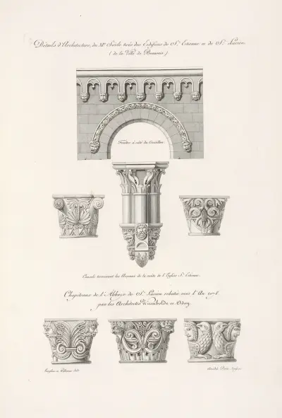 Arkitektoniska detaljer från 1000-talet hämtade från byggnaderna i St. Étienne och St. Lucien (i staden Beauvais) av Nicolas Xavier Willemin