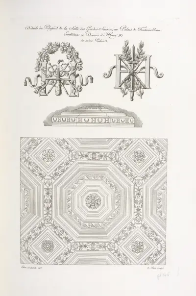 Detaljer från taket i schweizergardets sal, palais de Fontainebleau. Emblem med mönster av Henrik IV; från samma palais av Nicolas Xavier Willemin