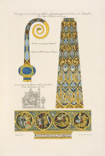 Utveckling av ornament, figurer och inskrifter på Ragenfrois kräkla; biskop av Chartres, omkring år 941. av Nicolas Xavier Willemin