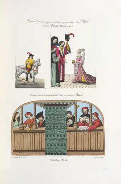 Verschiedene Kostüme, dargestellt in einem Gemälde aus einer Handschrift mit dem Titel Echects amoureux; Vokal- und Instrumentalkonzerte aus derselben Handschrift von Nicolas Xavier Willemin