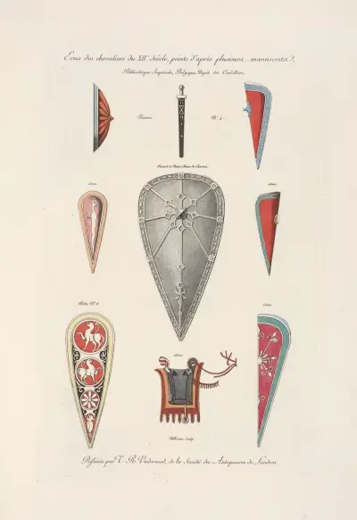 Ecus des chevaliers du XIIe. siècle, peints d’après plusieurs manuscrits. av Nicolas Xavier Willemin