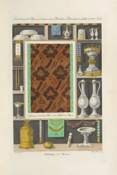 Encadrement de page présentant divers meubles et ustensiles de toilette du XVe. siècle. av Nicolas Xavier Willemin