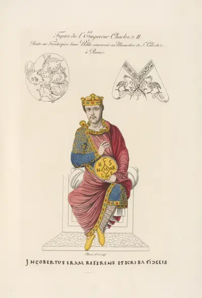 Kejsar Karl II avbildad på frontespisen till en bibel i klostret San Callisto i Rom av Nicolas Xavier Willemin