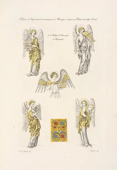 Figures d’anges tenant des instrumens de musique, d’après un vitrail du XIIIe. siècle. av Nicolas Xavier Willemin