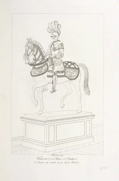 Franz I. im Artilleriemuseum, die Rüstung auf einem gebardeten Pferd von Nicolas Xavier Willemin