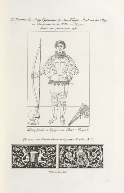 Guillaume le May, Hauptmann der einhundertzwanzig Bogenschützen des Königs und Gouverneur der Stadt Paris, um 1480 in Stein graviert von Nicolas Xavier Willemin