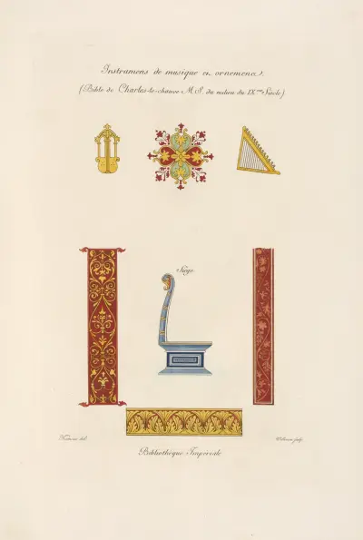 Musikinstrument och ornament. (Karl den skalliges bibel, mitten av 900-talet.) av Nicolas Xavier Willemin