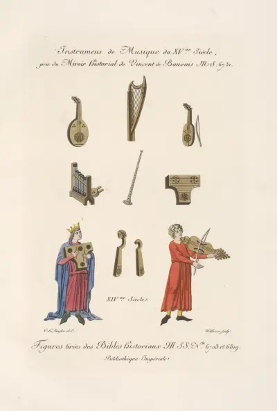 Instrumens [sic] de musique du XVme. siècle, […]; figures tirées des bibles historiaux MSS. No. 6703 et 6819. av Nicolas Xavier Willemin