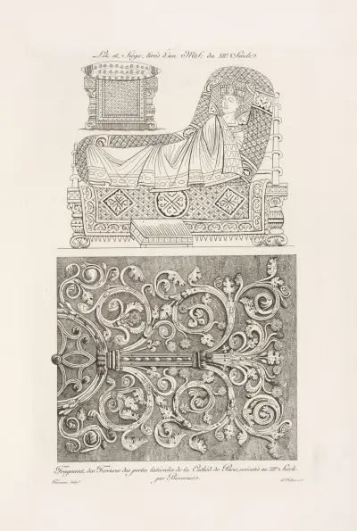 Sitzplatz, entnommen einem Manuskript des 12. Jahrhunderts; Fragment der Eisenbeschläge der Seitentüren der Kathedrale von Paris, ausgeführt im 12. Jahrhundert von Nicolas Xavier Willemin