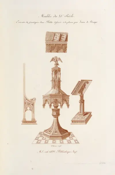 Meubles du XVe. siècle. Extraits du frontispiece d’une bible dessinée à la plume par Jean de Bruges. av Nicolas Xavier Willemin