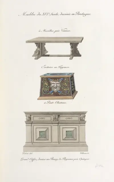 Möbel des 16. Jahrhunderts, gezeichnet in der Bretagne. In Musillac bei Vannes von Nicolas Xavier Willemin