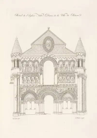 Monumentalt porträtt av kyrkan Notre-Dame i Poitiers av Nicolas Xavier Willemin