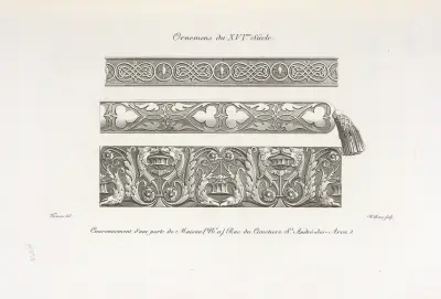 Ornemens du XVIme. siècle. Couronnement d’une porte de maison (no. 11.) Rue du cimetiere St. André-des-Arcs av Nicolas Xavier Willemin