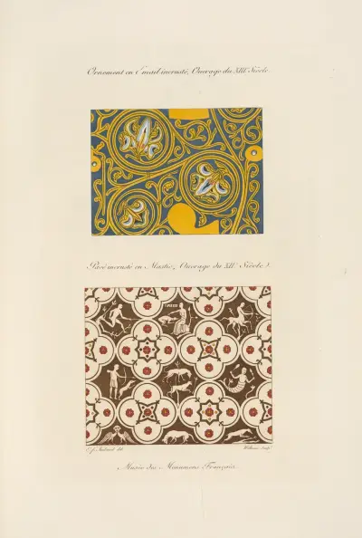 Ornement en émail incrusté, ouvrage du XIIIe. siècle; pavé incrusté en mastic, ouvrage du XIIe. siècle. av Nicolas Xavier Willemin