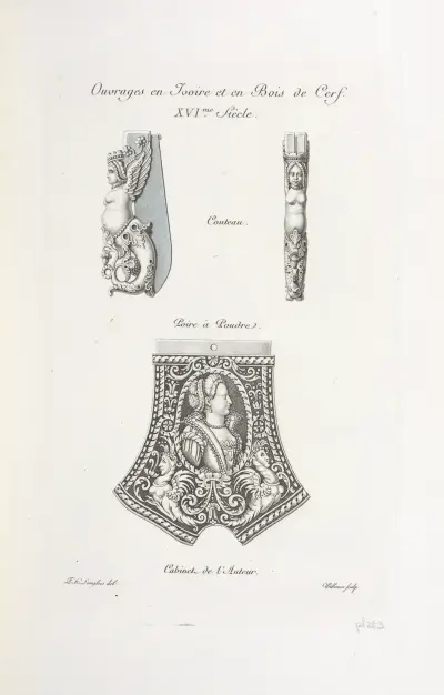 Elfenbens- och hjorthornsarbeten. Kniv. Kruthorn. av Nicolas Xavier Willemin