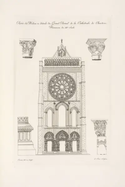 Mittparti och detaljer av den stora portalen till katedralen i Chartres. 1100-talsmonument. av Nicolas Xavier Willemin