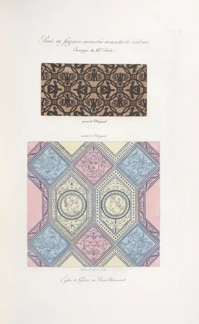 Pavés en fayence incrustés en mastic de couleur, ouvrages du XVIe. siècle. av Nicolas Xavier Willemin