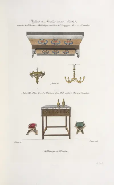 Plafond et meuble du XVe. siècle. Extraits de l’ancienne bibliothèque des ducs de Bourgogne. MSS. de Bruxelles av Nicolas Xavier Willemin
