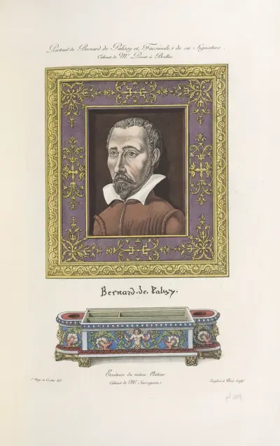 Porträtt av Bernard de Palissy och faksimil av hans signatur. Mr. Prevots kabinett i Brelles. Samma upphovsmans skrivdon. av Nicolas Xavier Willemin