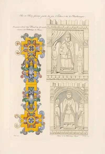 Roi et reine faisant partie de jeu d’échecs dit de Charlemagne; ornement extrait d’un missel du XIe. siècle. av Nicolas Xavier Willemin