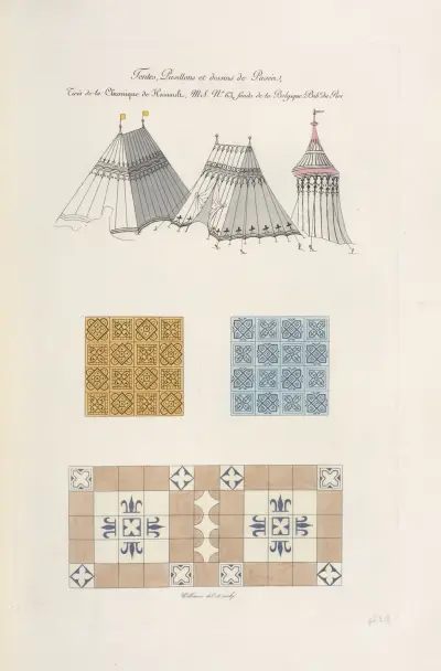 Tentes, pavillons et dessins de pavés, tirés de la chronique de Hainault, MS. no. 63, fonds de la Belqique bib. du roi. av Nicolas Xavier Willemin