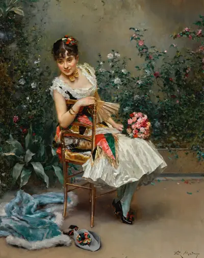 Aline with flowers av Raimundo de Madrazo y Garreta