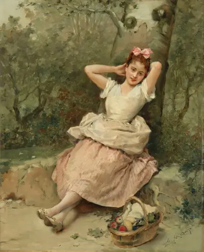 Young girl sitting at the foot of a tree av Raimundo de Madrazo y Garreta