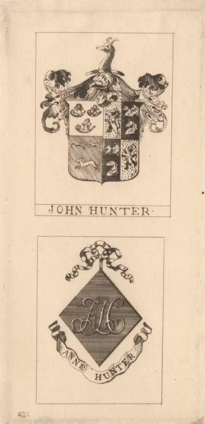 John Hunter’s Book Plate with Armorial Bearings and Mrs. Hunter’s Book Plate with her Monogram av David Young Cameron