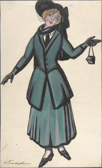 Woman wearing a blue-green suit av Sergey Yurievich Sudeikin
