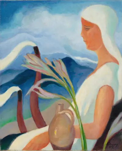 Girl in White with Factory Chimneys and Flowers av Zolo Palugyay