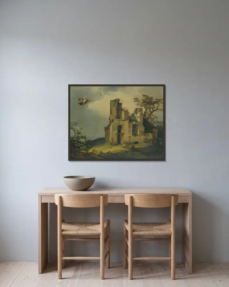Landskap med ruiner, med bortförandet av Ganymedes av Abraham Bloemaert inramad på en vägg