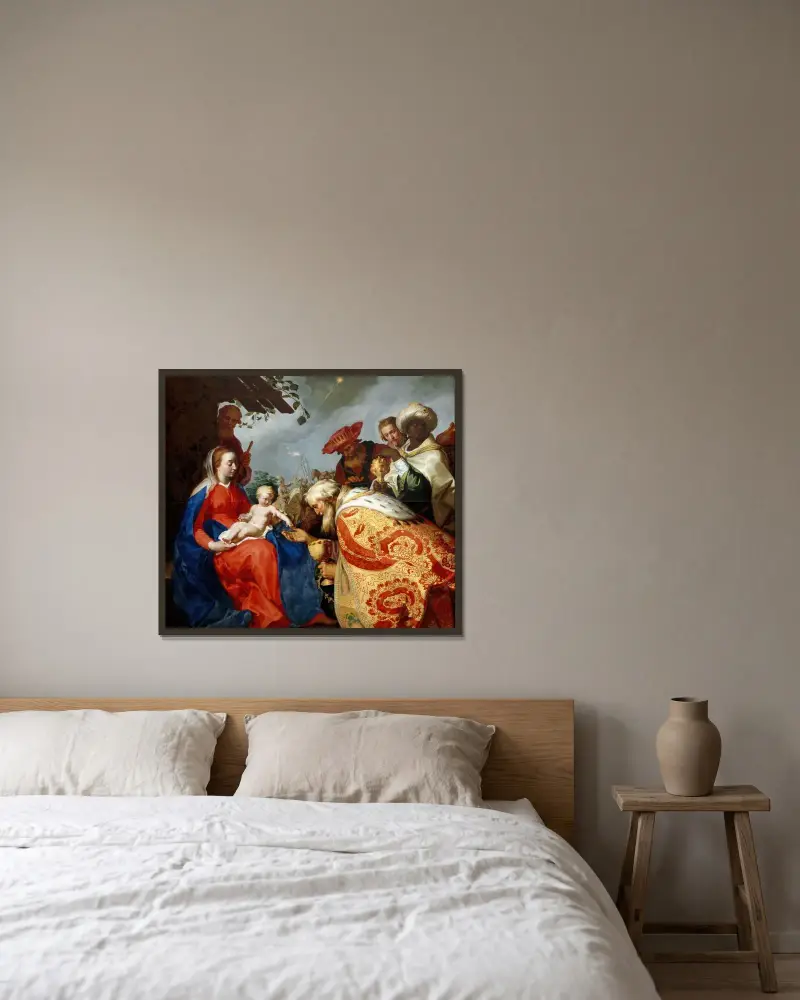 Adoration of the Magi av Abraham Bloemaert inramad på en vägg
