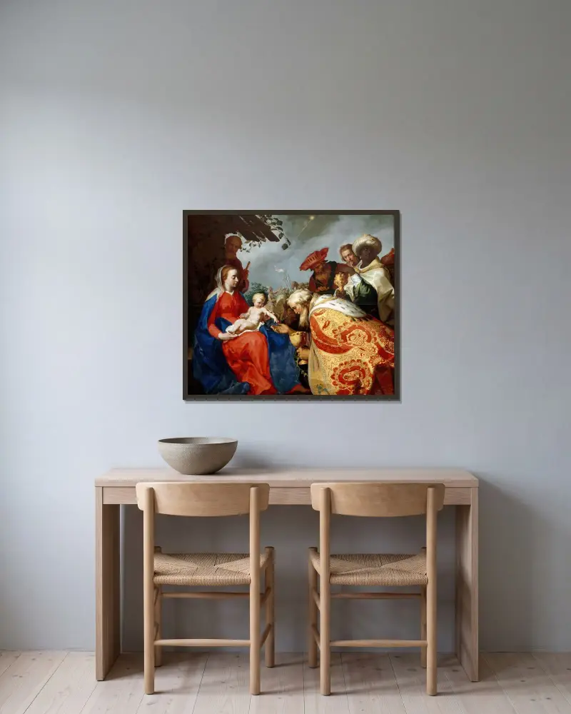 Adoration of the Magi av Abraham Bloemaert inramad på en vägg