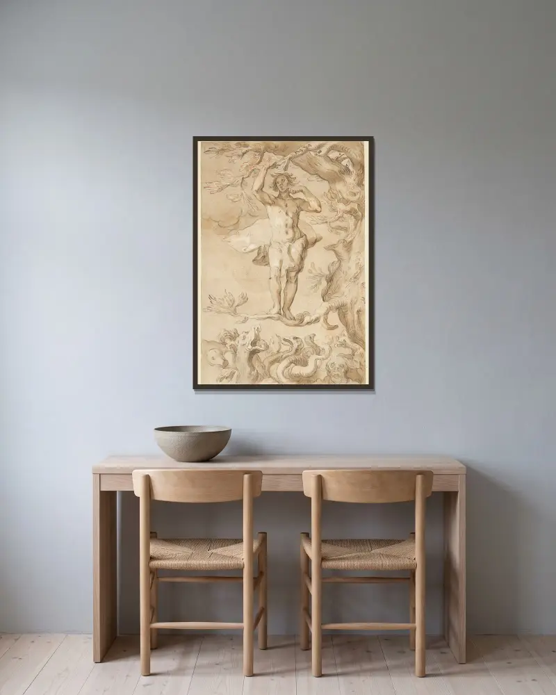 Den menneskelige glædes skrøbelighed En mand, der jages af en drage, klynger sig til en gren, mens han slikker honning af sin finger av Abraham Bloemaert inramad på en vägg
