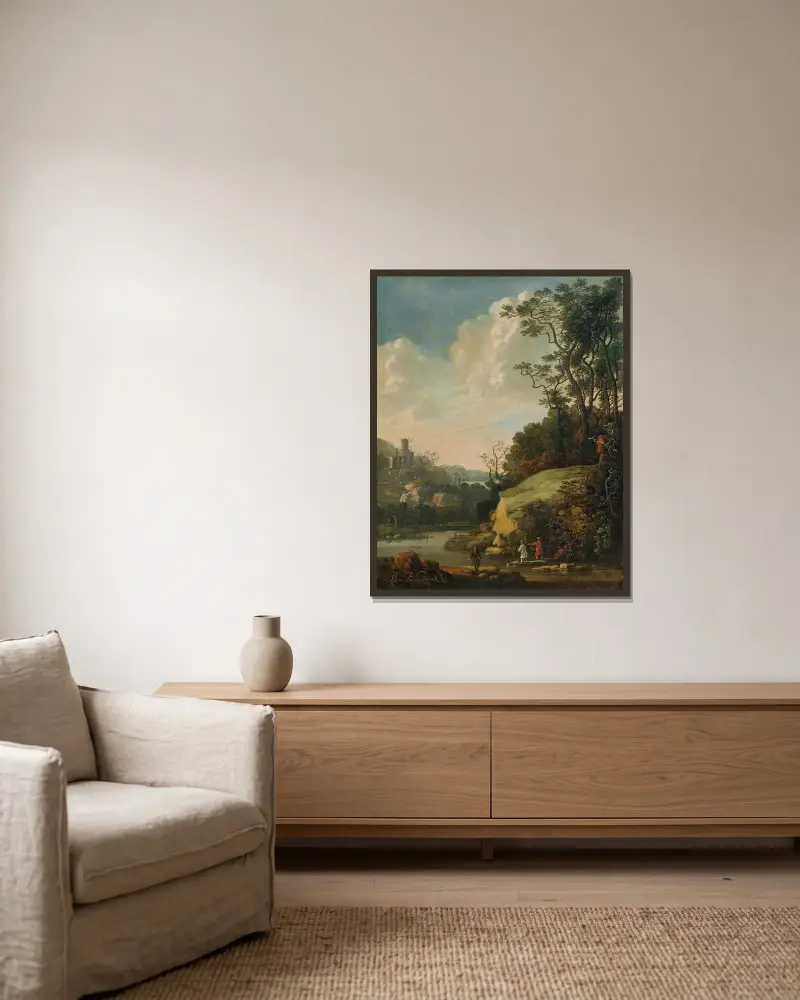 Kuperat landskap med figurer vid en flod av Abraham Bloemaert inramad på en vägg