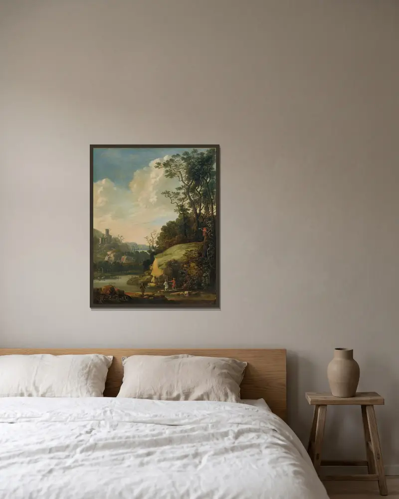 Kuperat landskap med figurer vid en flod av Abraham Bloemaert inramad på en vägg