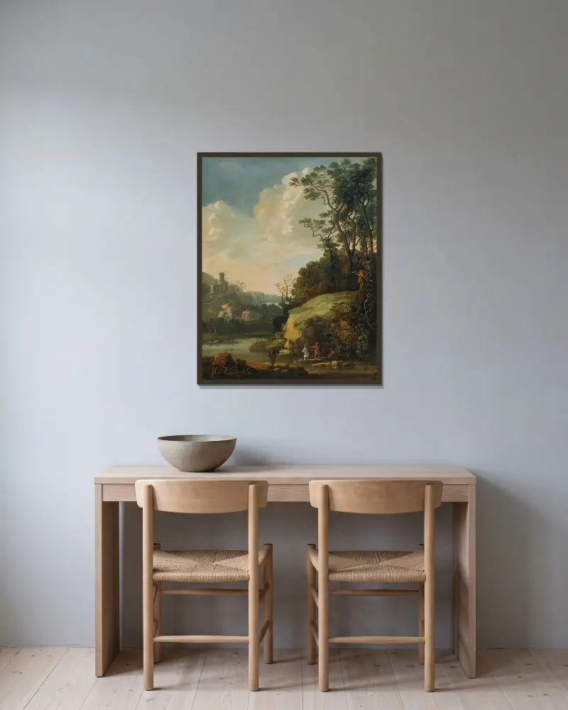 Kuperat landskap med figurer vid en flod av Abraham Bloemaert inramad på en vägg