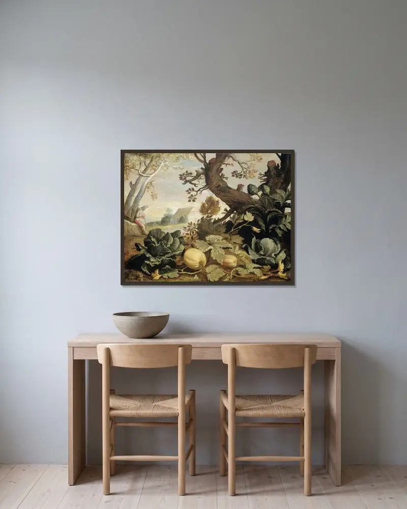 Landskap med frukter och grönsaker i förgrunden av Abraham Bloemaert inramad på en vägg
