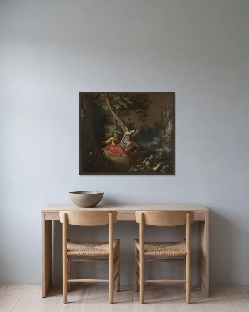 Landskap med Vertumnus och Pomona av Abraham Bloemaert inramad på en vägg