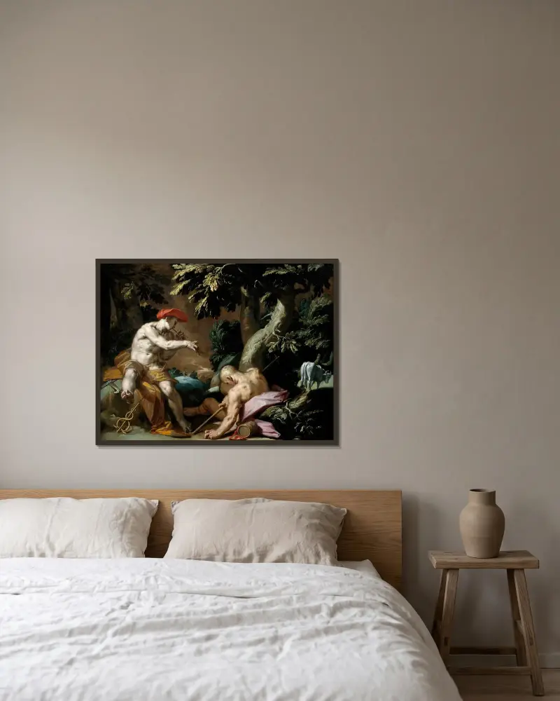 Mercurius, Argus och Io av Abraham Bloemaert inramad på en vägg