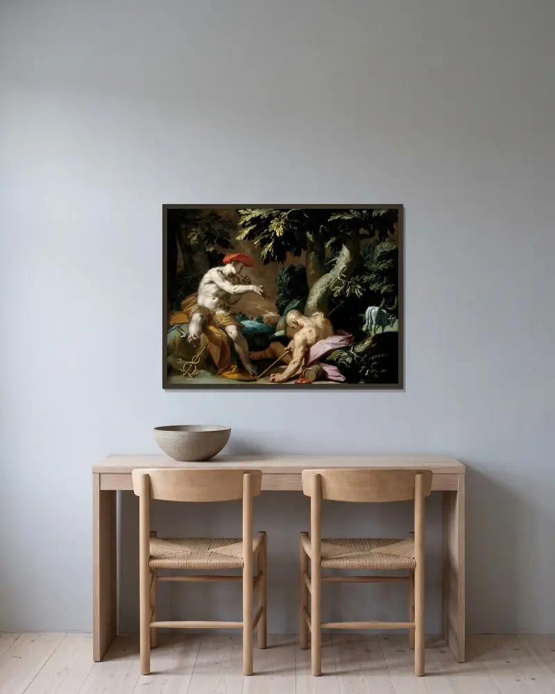 Mercurius, Argus och Io av Abraham Bloemaert inramad på en vägg